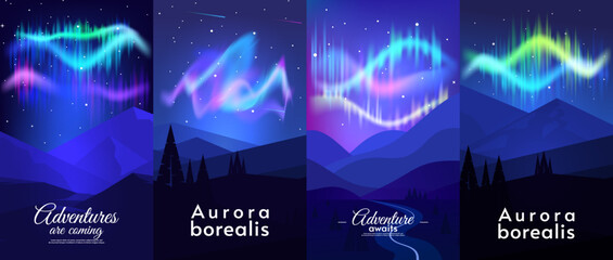 Set of abstract background. Flat style. Vector illustration. Aurora borealis landscape. Poster, cover, flyer template.
