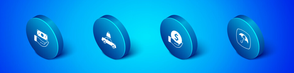 Set Isometric Money with shield, Umbrella and Car insurance icon. Vector