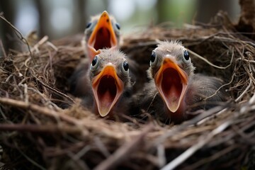 A nest with newly hatched bird chicks, mouths open