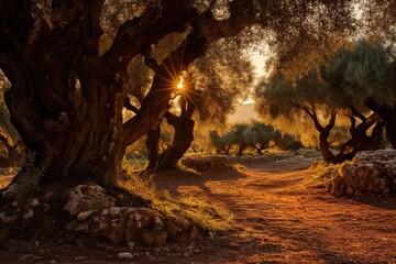 Ancient olive grove bathed in golden light