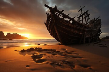 An old shipwreck half-buried in the sands of a desolate island beach at sunset