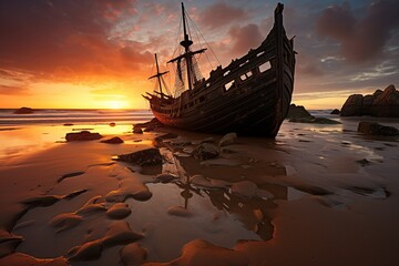 An old shipwreck half-buried in the sands of a desolate island beach at sunset