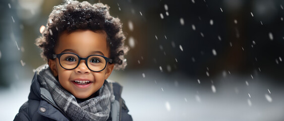 Winter themed toddler boy wearing glasses with room for copy space created with Generative AI technology