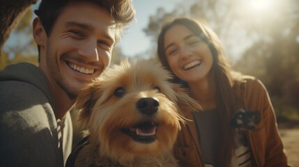 A selfies type picture of couple with their lilte dog