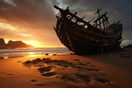 An old shipwreck half-buried in the sands of a desolate island beach at sunset © Dan