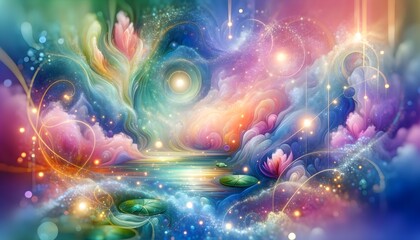 Fototapeta na wymiar Fantastical Cosmic Swirls with Luminous Orbs and Water Lilies