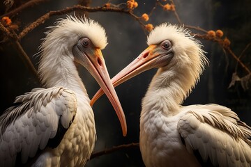 A pair of storks interacting, showcasing their courtship behavior - obrazy, fototapety, plakaty