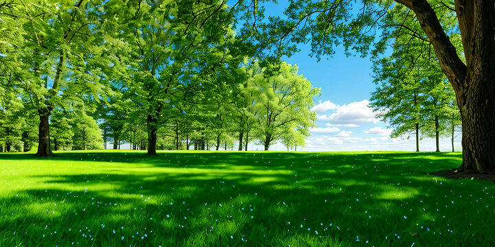 Beautiful blurred background image of spring nature with a neatly trimmed lawn surrounded by trees against a blue sky with clouds on a bright sunny day. generative AI
