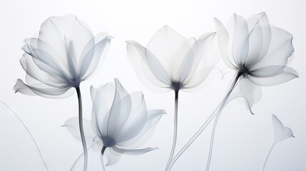  a group of white flowers sitting next to each other on a white background with a blurry image of them.
