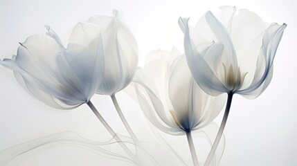  three white tulips on a white background with a blurry image of the tulips in the foreground.