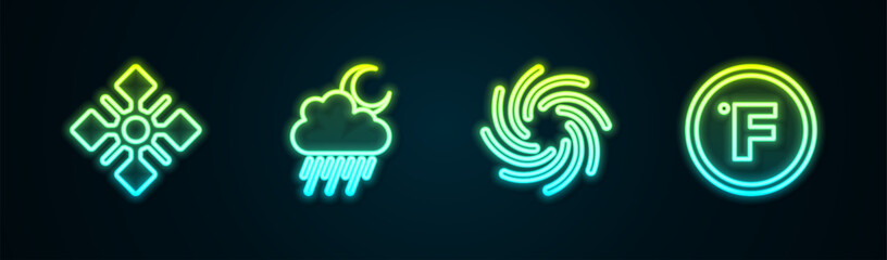 Set line Snowflake, Cloud with rain and moon, Tornado and Fahrenheit. Glowing neon icon. Vector