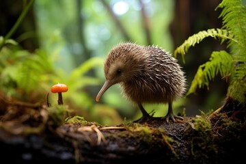 A quirky kiwi foraging on the forest floor