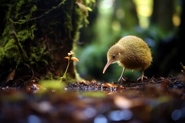A quirky kiwi foraging on the forest floor