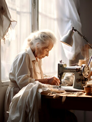 Old lady working on a vintage sewing machine, blurred light window background  