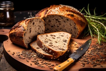 Artisanal rye bread with caraway seeds, cross-section - obrazy, fototapety, plakaty