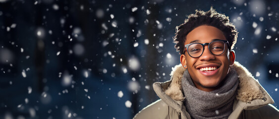 Winter themed teen boy wearing glasses with room for copy space created with Generative AI technology - obrazy, fototapety, plakaty