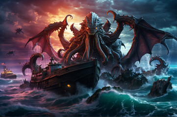 Cthulhu the giant sea monster destroying ships.