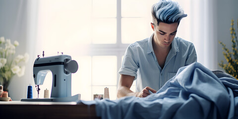 Stylish young fashion designer working on a sewing machine in tailor studio, blurred bright background