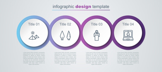 Set line Egypt pyramids, Stone age arrow head, Gives lecture and Online museum. Business infographic template. Vector
