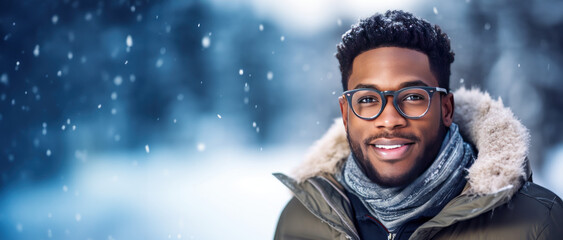 Winter themed man wearing glasses with room for copy space created with Generative AI technology - obrazy, fototapety, plakaty