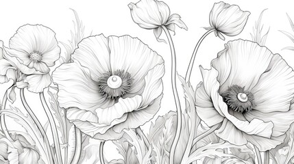 a black and white drawing of flowers with long stems and flowers in the middle of the image, on a white background.