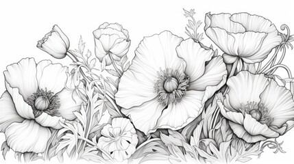  a bunch of flowers that are drawn in a line art style with a black and white image of a bunch of flowers that are drawn in a line art style with a black and white background.