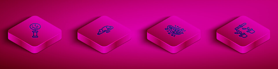 Set Isometric line Microorganisms under magnifier, Experimental mouse, Bacteria and Pipette and plant icon. Vector