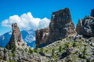 Dolomites, five towers. Breathtaking panorama of the mountains above Cortina d'Ampezzo.