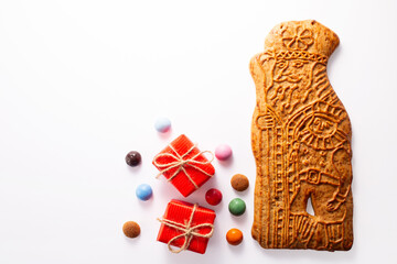 St. Nicolas biscuite and traditional dutch coocies on white background. 5th December holiday in the Netherlands