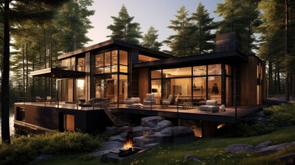  an artist's rendering of a house in the woods with a fire pit in the middle of the yard.