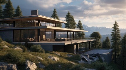  an artist's rendering of a modern house on a cliff overlooking a forest and a mountain range with a mountain range in the background.