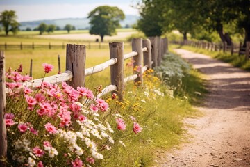 A rustic wooden fence lining a country road, with blooming flowers on either side