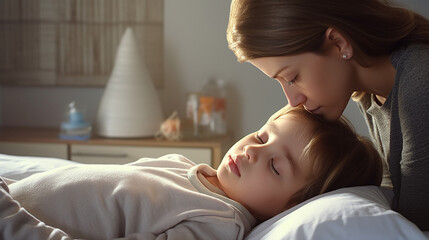 Mother lovingly cares for her sick sleeping child at home