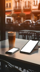 Smartphone with blank screen and cup of coffee on table in cafe