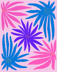 Fototapeta na wymiar Vibrant abstract flowers in retro hippie style. An aesthetic card in the style of Matisse