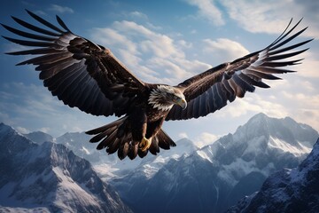 A solitary eagle soaring high against a backdrop of mountains - obrazy, fototapety, plakaty