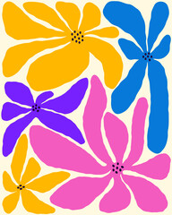 Vibrant curvy flowers in retro hippie style. An aesthetic postcard in the style of Matisse