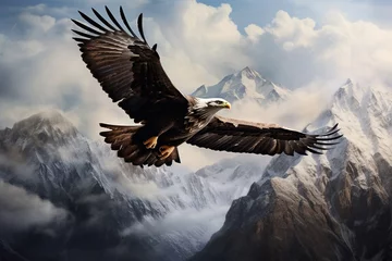 Muurstickers A solitary eagle soaring high against a backdrop of mountains © Dan