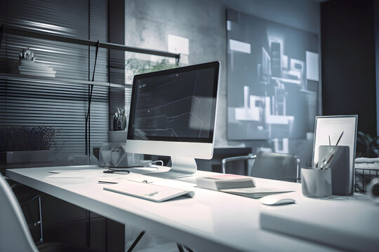 Contemporary office interior with blank computer screen. Mock up. 3D Rendering