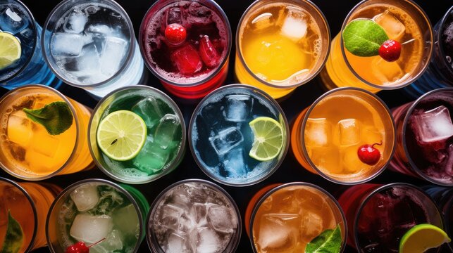  a group of glasses filled with different types of drinks and garnished with limes, cherries, and limes.