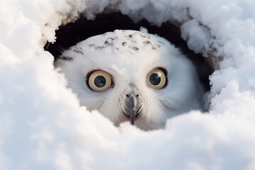 A snow owl's eyes peering through a hole in a snowbank
