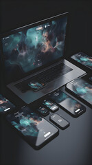Laptop. smartphone and tablet pc on dark background. 3d rendering