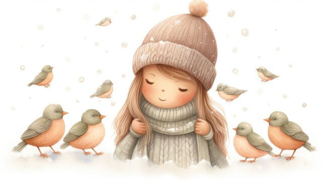  a drawing of a little girl surrounded by birds in the snow with a knitted hat and scarf over her shoulders.