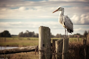 A stork perched on a rustic, weathered fence in a rural setting - obrazy, fototapety, plakaty