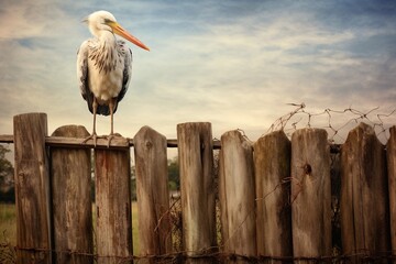 A stork perched on a rustic, weathered fence in a rural setting - obrazy, fototapety, plakaty
