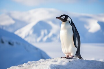 Fototapeta premium A stoic penguin standing alone amidst a snowy landscape