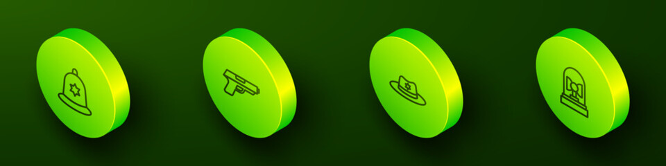 Set Isometric line British police helmet, Pistol or gun, Sheriff hat with badge and Flasher siren icon. Vector