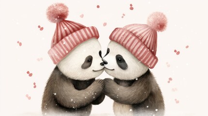  a couple of panda bears standing next to each other in front of a snow covered ground with red and white pom poms.