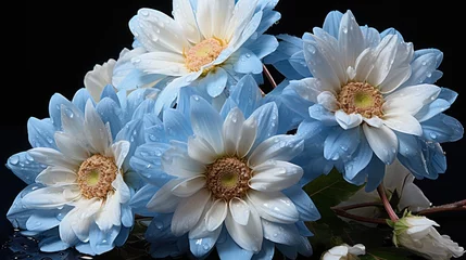 Foto op Canvas Bouquet of blue and white gerberas on black background. Springtime  concept with a space for a text. Valentine day concept with a copy space. © John Martin