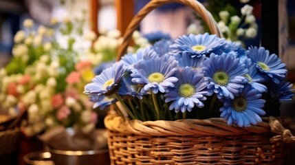 Obraz na płótnie Canvas Beautiful blue daisies in a basket at a flower shop. Springtime concept with a space for a text. Valentine day concept with a copy space.